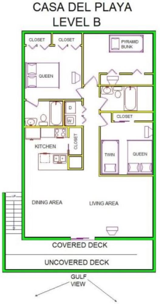 A level B layout view of Sand 'N Sea's beachside with gulf view house vacation rental in Galveston named Casa De La Playa